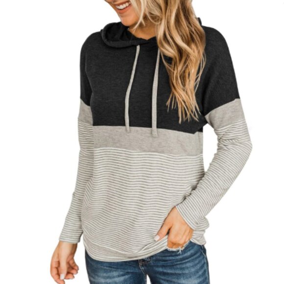 Butgood Women's Color Block Hoodie Long Sleeve Shirt SZ XL Gray/Black/Cream - Picture 2 of 8